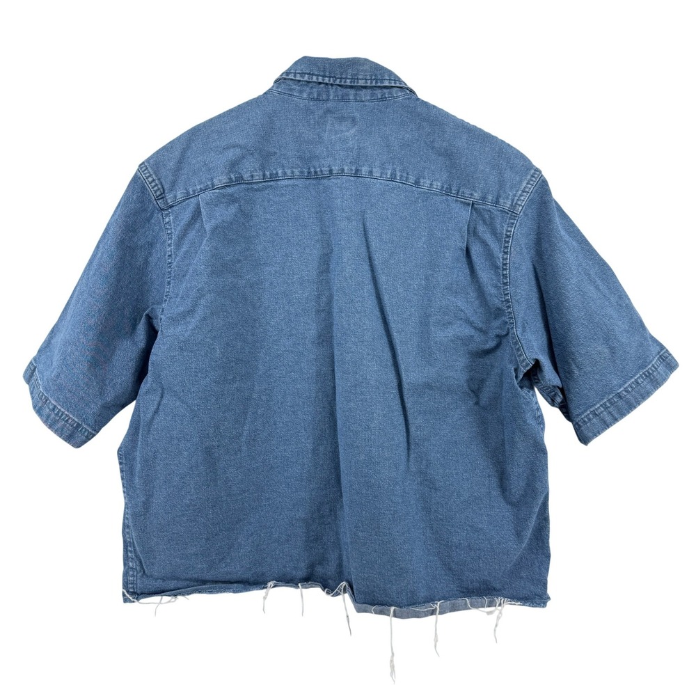 Wrangler Denim‎ Short Sleeve Embroidered Button Down Shirt Blue Women L Raw Hem - Picture 4 of 8
